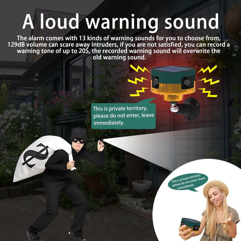 [Australia - AusPower] - Solar Outdoor Motion Sensor Alarm: Dog Barking&Gunshot Sound, 129db Loud Siren,Support Recording, 13 Kinds of Sound Strobe Light Model A 1 Pack 