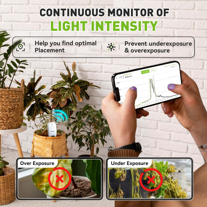 RainPoint 3-in-1 APP Remote Monitoring WiFi Soil Meter for Plant Indoor/Outdoor, Moisture/Air Temperature/Light Intensity Monitor and Custom Alert, IP66 Waterproof Wireless Sensor, 2.4GHz WiFi Support Sensor + Hub White
