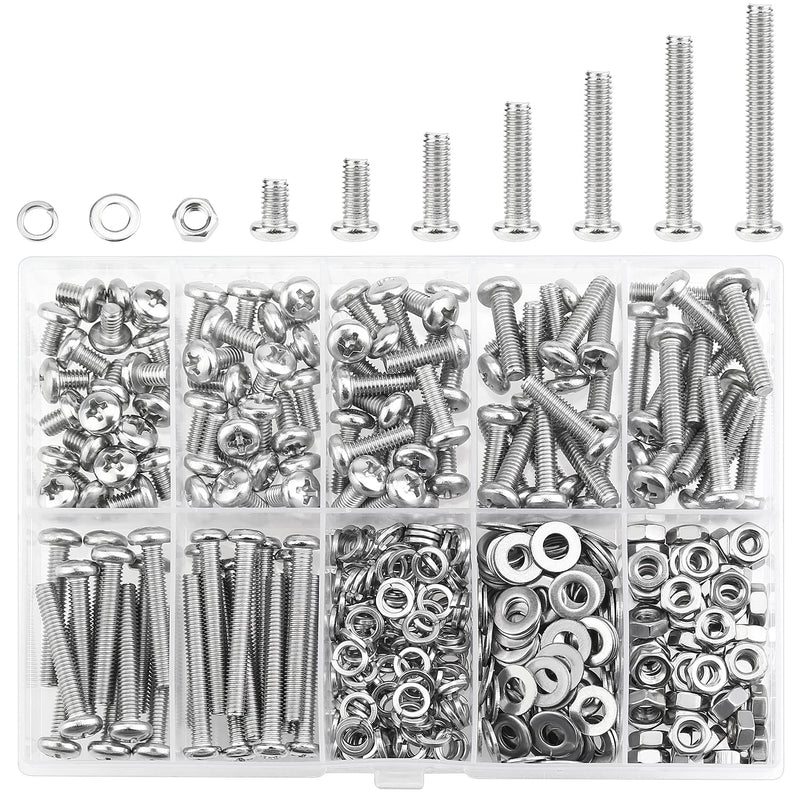 [Australia - AusPower] - 370 Pieces M4 x 6mm /8mm /12mm /16mm /20mm/25mm /30mm, Phillips Pan Head Machine Screws, Metric Screws Bolts Washers Nuts Kit, 304 Stainless Steel 