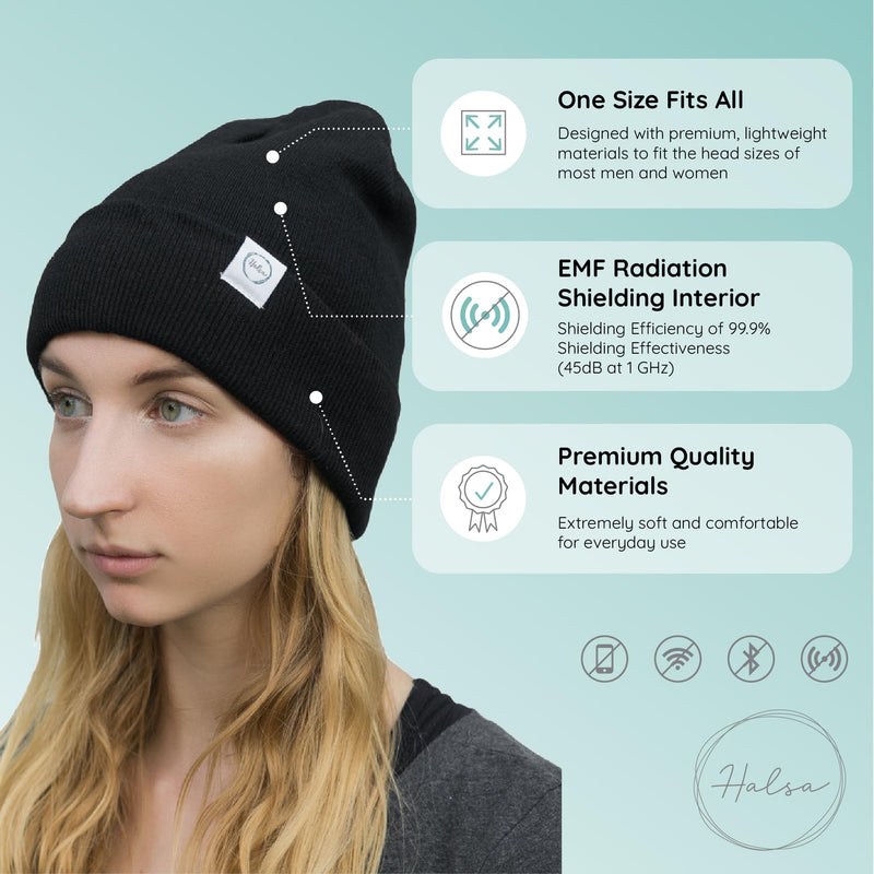 [Australia - AusPower] - Halsa EMF Protection Hat, Faraday Beanie. Anti Radiation, EMF RF Radiation Shielding Silver Fabric Lined. One Size Black 