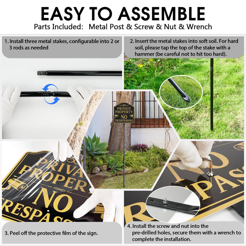 Faittoo Large No Trespassing Sign Private Property with 54" Metal Thick Stake, 12"x12" Rust Free Heavy Aluminum, Reflective, Fade Resistant, Easy to Mount, Outdoor Use Black Gold - 1 Pack
