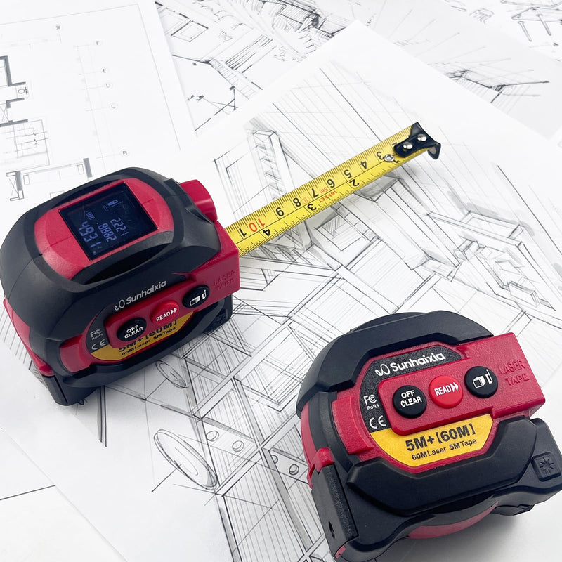 Laser Tape Measure 3 in 1 with Laser Level Crosshairs |196ft/60m Laser Distance+16ft/5m AutoLock Tape |Backlit LCD Display (Ft/Inch/M/mm) |for DIY,Construction, Interior Design (Red) Red