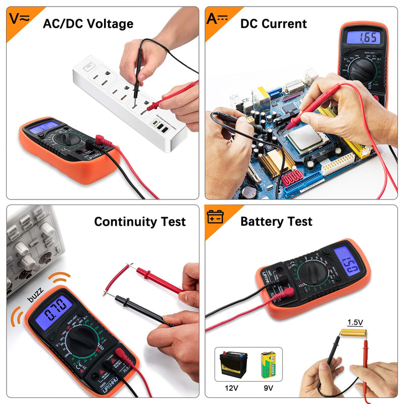[Australia - AusPower] - Digital Multimeter Voltmeter Battery Voltage Multi Tester Continuity Ohm Volt Amp DC AC Current Resistance Diodes 2000 Counts Electrical Test Meter with Leads Backlight LCD Display Compact 