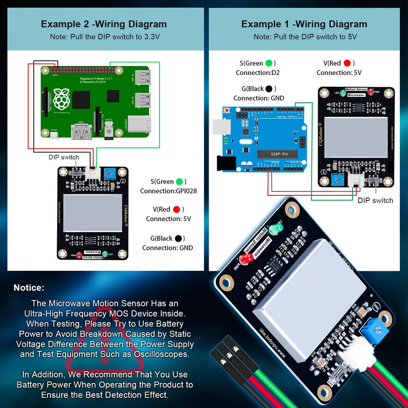 CQRobot 10.525GHz Microwave Sensor Compatible with Arduino & Raspberry Pi | 10.525 GHz microwave motion sensor according to Doppler effect for industry, traffic, agriculture, smart home, safety