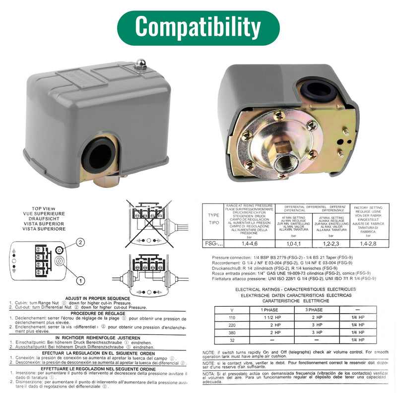 [Australia - AusPower] - Pressure Switch 9013FSG2J24, Pressure Switch Well Pump 40/60 Psi Adjustable Differential, 1/4" Female NPT Water Pump Pressure Control Switch with Low Pressure Cut-Off 