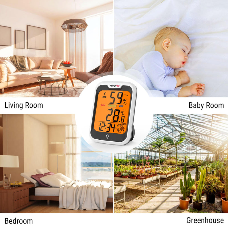 TempPro Bluetooth Thermo-Hygrometer with Clock Date Hygrometer Indoor App | Humidity Meter Bluetooth 80m Room Thermometer with Trend Arrows Comfort Indicator -20-60°C 2 Pieces (Ex-ThermoPro) 2 pieces