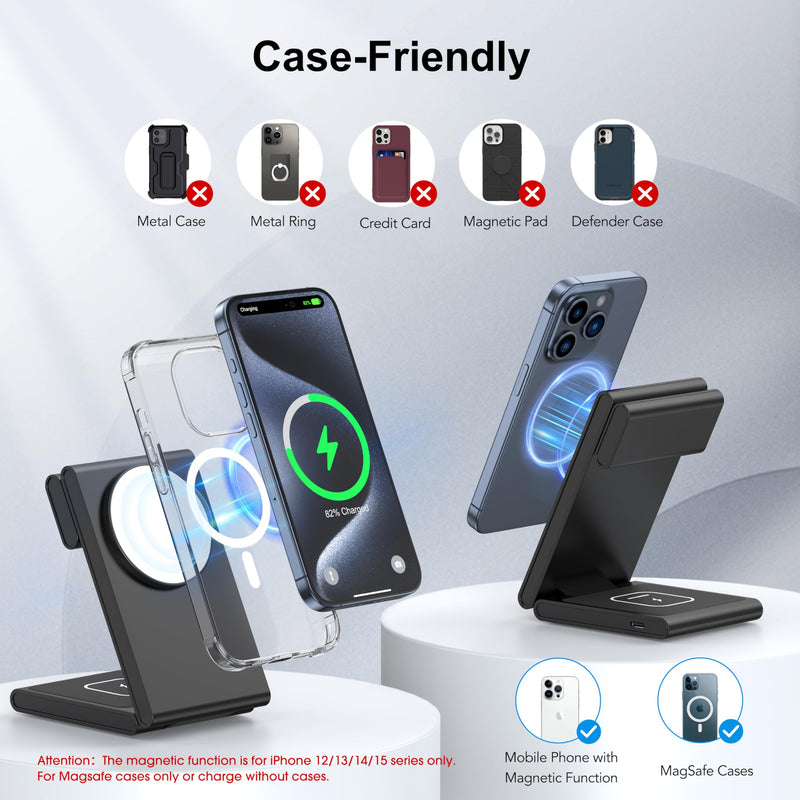 [Australia - AusPower] - 3 in 1 Wireless Charging Station for Multiple Devices, Fast Foldable Travel Mag-Safe Stand for iPhone 15 14 13 12 Pro Max/Plus/Pro/Mini, Magnetic Charger for Apple Watch/AirPods Pro with 20W Adapter Upgraded Black 