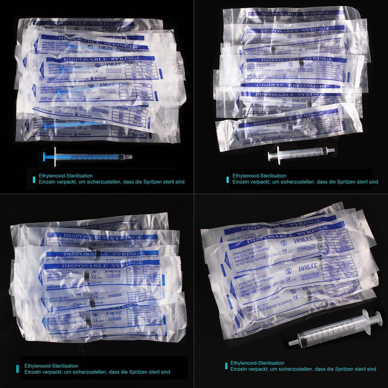 [Australia - AusPower] - 20 Pieces 1 ml / 3 ml / 5 ml / 10 ml Syringe Set - Reusable Syringes Sterile Individually Packed Plastic Syringe with Lid for Colostrum Collectors and Dosing Syringe (1 ml / 3 ml / 5 ml / 10 ml 