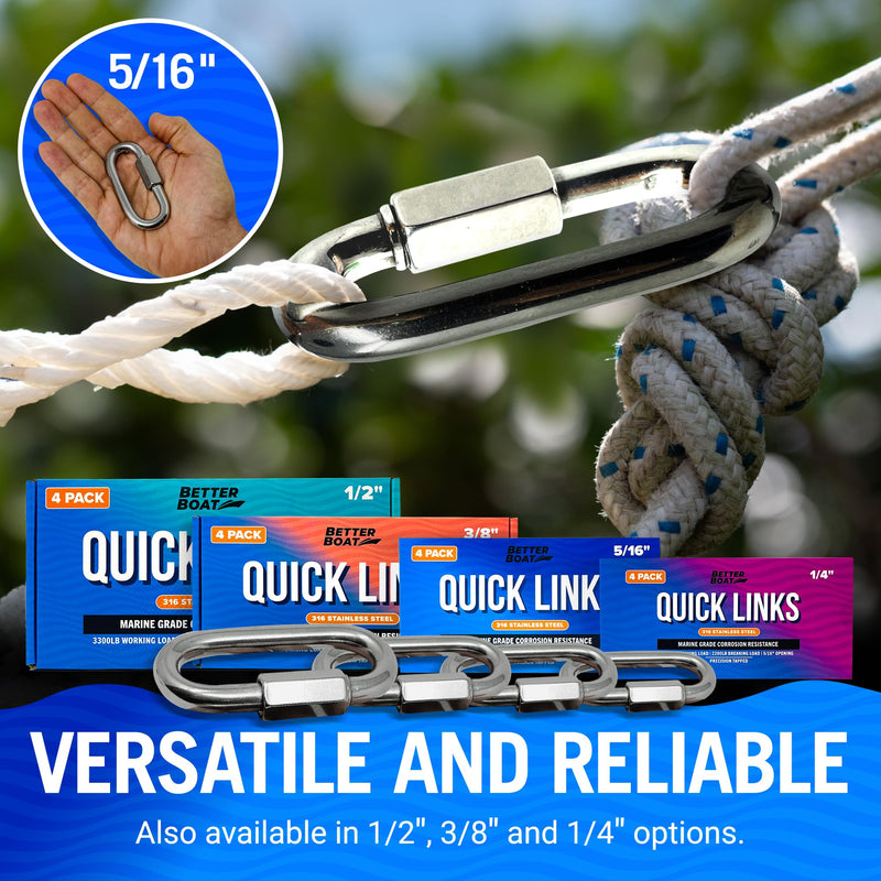 [Australia - AusPower] - 316 Stainless Steel Locking Carabiner Threaded Quick Link Chain Link Connector Clips Heavy Duty D Shape Repair Safety Quicklinks 1/2, 3/8, 5/16 or Small 1/4 Marine Grade Metal - 4pcs Quick Links 5/16" 