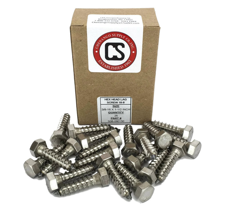 Stainless 3/8 x 1-1/2" Hex Lag Screw (1" to 5" Lengths Available in Listing), 18-8 Stainless Steel, 25 Pieces (3/8 x 1-1/2") 3/8 x 1-1/2"