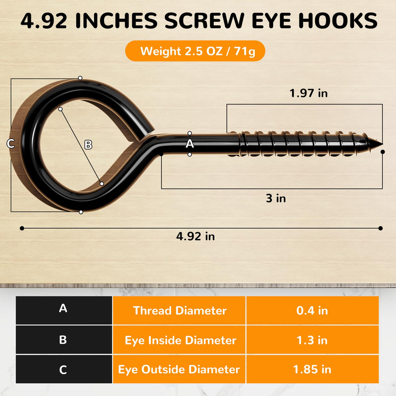 [Australia - AusPower] - 4 Pack 5 Inch Stainless Steel Eye Bolts Screw in Hooks, Heavy Duty Black Large Screw in Eye Hooks, Eye Hammock Stand Hooks Screw for Hanging, Tie-Downs, Heavy Indoor & Outdoor Uses 