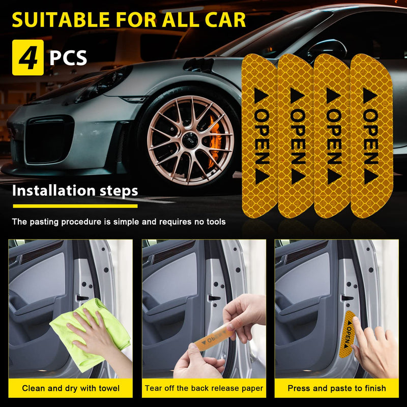4PCS Car Door Open Prompt Anti-Collision Reflective Stickers, Car Tape Conspicuity Safety Caution Warning Sticker for Car Truck SUV(Yellow) Yellow