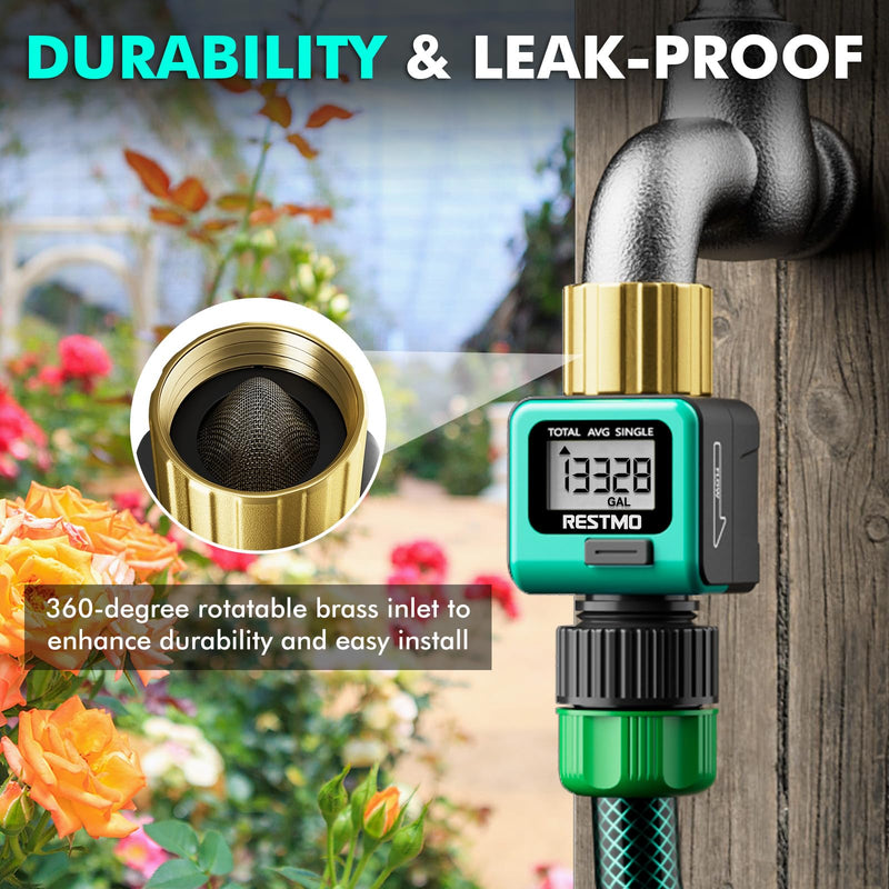 RESTMO Water Flow Meter with Brass Inlet Metal Thread, Measure Gallon/Liter Consumption and Flow Rate for Outdoor Garden Hose Watering, RV Water Tank Filling, Lawn Sprinkler and Nozzle Sprayer 1