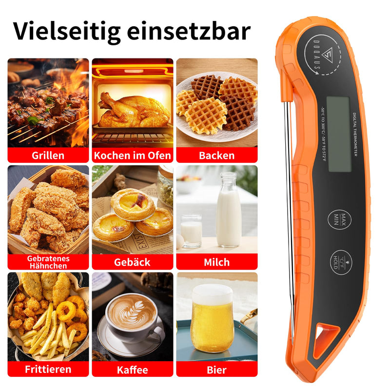 [Australia - AusPower] - DOQAUS Meat Thermometer, Cooking Thermometer with 3s Reading, Accuracy ±0.5°C, Digital Thermometer, Roasting Thermometer with LCD Backlight, Laboratory Thermometer for Kitchen, BBQ, Orange 