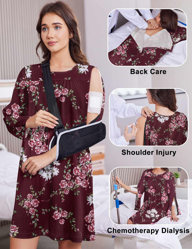 [Australia - AusPower] - Deyeek Hospital Gowns for Women Open Back Dress Long Sleeve Post Surgery Tear Away Snaps Adaptive Nightgowns with Arm Snaps Red Print XX-Large 