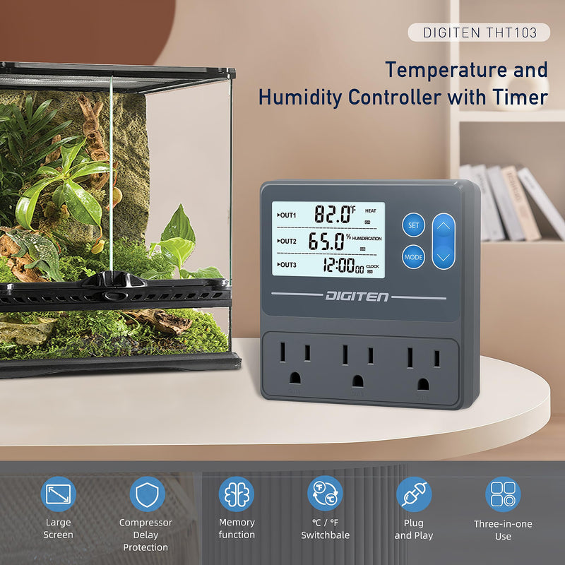 [Australia - AusPower] - DIGITEN Reptile Temperature and Humidity Controller with Timer Outlet, Day-Night Function Thermostat, 3-Stage Outlet Plug in Temperature Controller for Reptile, Mushroom, Homebrew 