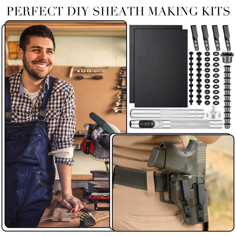 91 Pcs DIY Holster Kit Include Eyelet Hand Setter & Eyelet Combo Thermoform Sheet Holster Belt Clip with Screws Molle Clips Attachments for Making Knife Sheath Keel Guard Black 3-hole