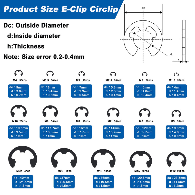 [Australia - AusPower] - E Clip Circlip External Retaining Rings Assortment Kit, 550PCS E Clips External Carbon Steel Rings and 1 PC Tweezers, Includes Sizes of M1.5-M22 551pcs E-clip 