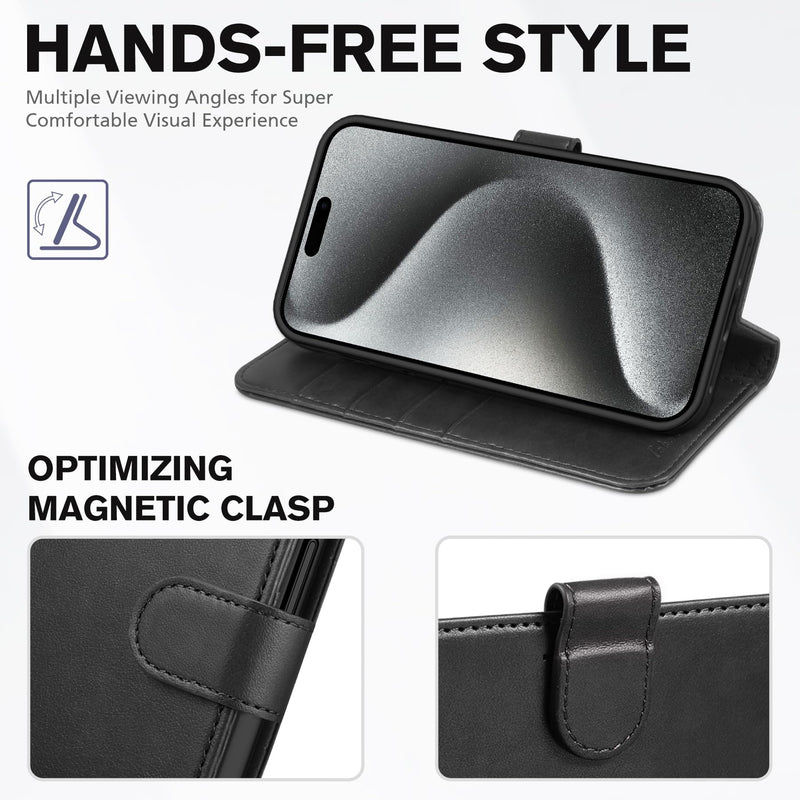 [Australia - AusPower] - TUCCH Case for iPhone 15 Pro Wallet Case, RFID Blocking [4 Card Holder] Kickstand [Shockproof TPU Inner Shell] PU Leather Magnetic Protective Flip Cover Compatible with iPhone 15 Pro 6.1" 2023, Black 