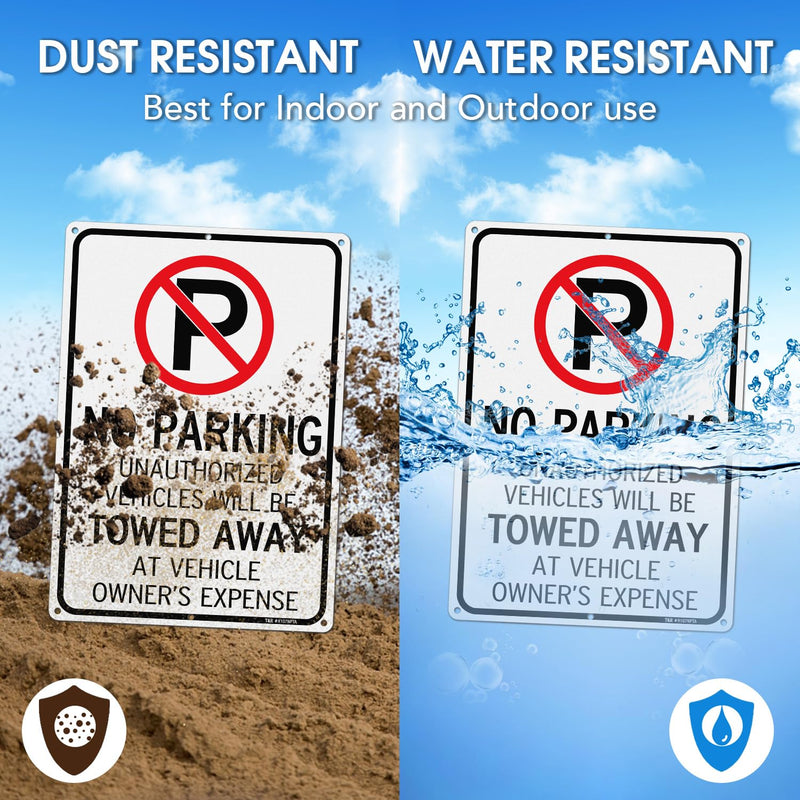 T&R No Parking Sign- Unauthorized Vehicles Towed Away At Vehicle Owner's Expense Sign - 4 Pack - 14"x10" .040 Rust Free Heavy Aluminum, Reflective, Waterproof, Weatherproof and Fade Resistant, 6 pre-drilled holes, Easy to Mount 14" x 10" - 4 Pack