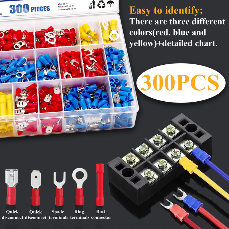 [Australia - AusPower] - Tnisesm 300PCS Wire Connectors Insulated Wire Crimp Connectors Assortment Kit with Ring, Spade, Butt, Quick Disconnect, Crimp Automotive Cable Terminals TN-T01 Insulated Connectors 