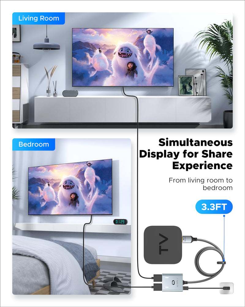 [Australia - AusPower] - HDMI Splitter 4K, 1x2 HDMI Display Duplicate/Mirror, WARRKY HDMI Splitter 1 in 2 Out [Metal Shell, 3.3 Ft Braided HDMI Cable, LED Indicators], USB-C Powered Splitter, 1 Source to 2 Identical Displays 