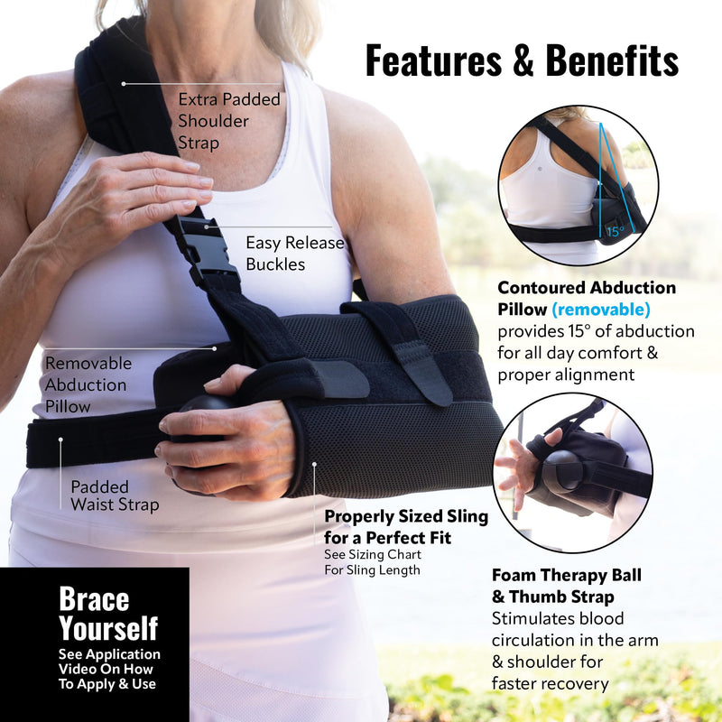 [Australia - AusPower] - PerfectFit Arm Sling Shoulder Immobilizer with Abductor, Medical Grade Support Brace, Rotator Cuff or Surgery Recovery Sling, Shoulder Brace for Men and Women, Large, Black 