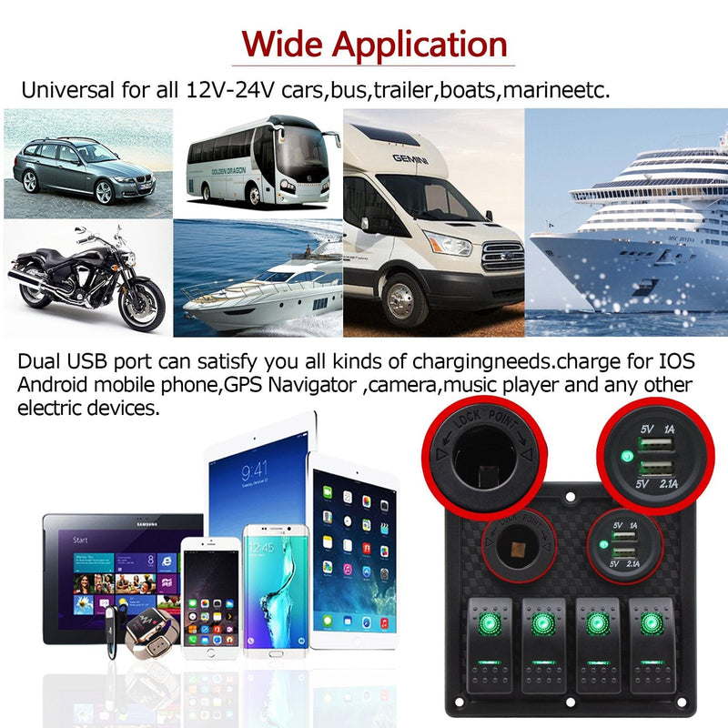 FXC Waterproof Marine Boat Rocker Switch Panel 4 Gang with Dual USB Slot Socket + Cigarette Lighter LED Light for Car Rv Vehicles Truck (4 Gang Green Light)