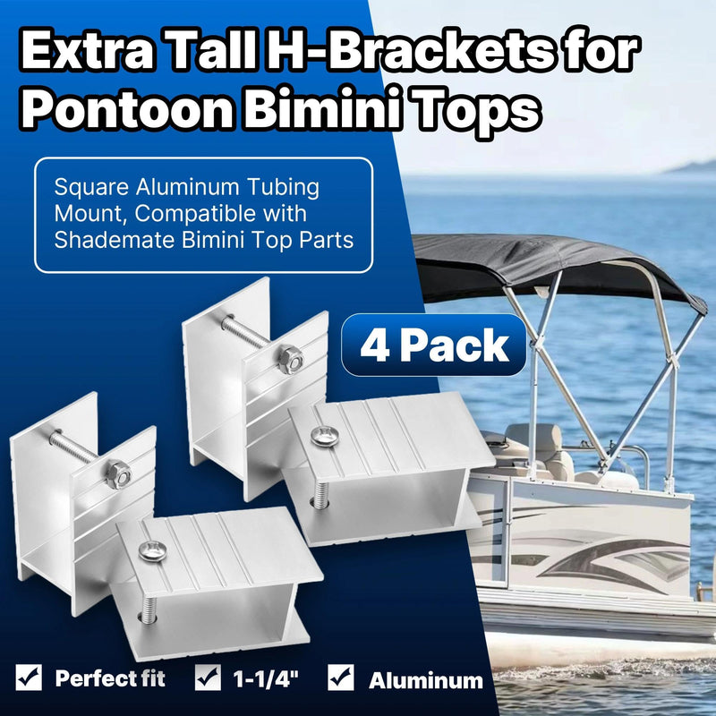 Extra Tall H-Brackets for Pontoon Bimini Tops, 1-1/4" Square Aluminum Tubing Mount, Compatible with Shademate Bimini Top Parts, Aluminum Aluminum 4 Pack