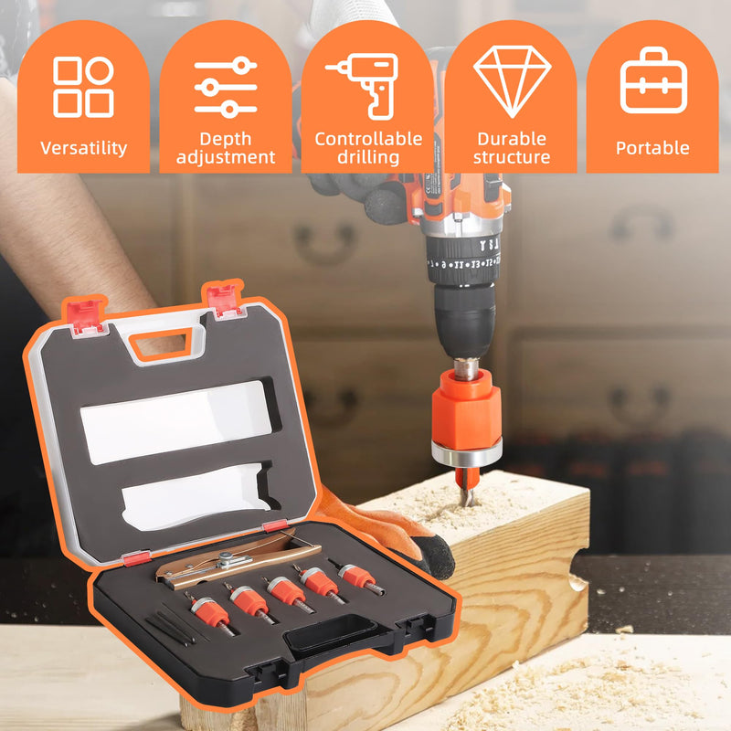 6Pcs Limit Countersink Drill Bit Set with Hole Punch, Adjustable Depth Wood Countersink Drill Bit Kit, Includes 1/8"-5/32" Bits & 3/8" Punch, Perfect for Woodworking & PVC Edge Banding (Bits + Plier) Drill Bit+Hole Punch
