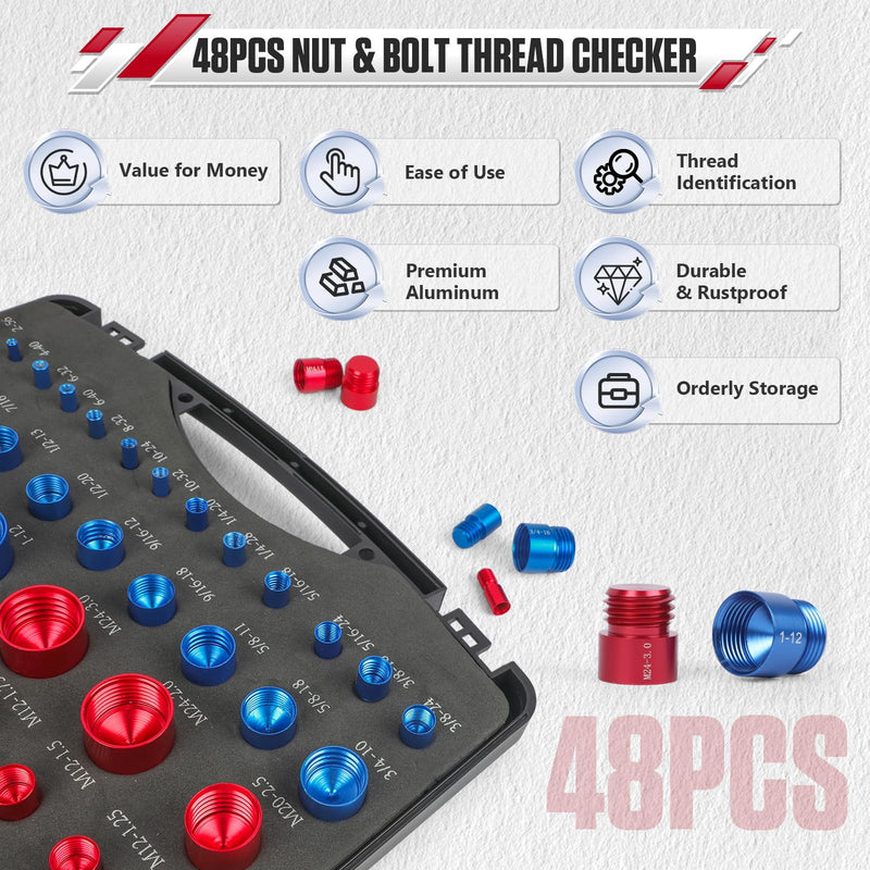 [Australia - AusPower] - 48Pcs Nut and Bolt Thread Checker Kit (25 Standard & 23 Metric), Detachable Bolt Size for Narrow and Tricky Spaces with Sturdy Case ScrewThread Gauge 