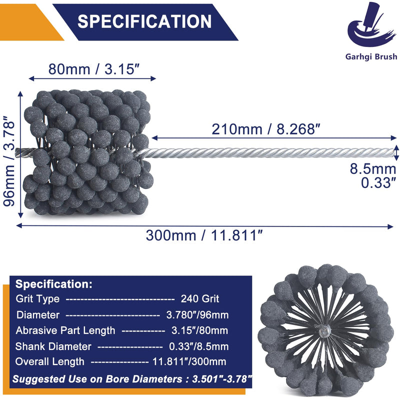 Garhgi 3.780 inch Cylinder Hone Tool Brush with 240 Grit Flexible Resilient Balls for 95mm(3.75") Automotive Engine Brake Rotor Piston Bore Restoration Crosshatching Deglazing (240 Grit, 3.78"(96mm)) 3.780"(96mm)