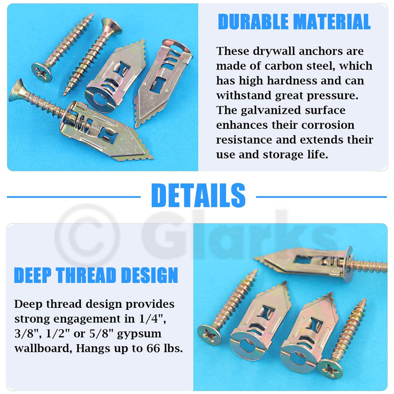 [Australia - AusPower] - Glarks 200Pcs Drywall Self-Drilling Anchors with Screws, 100Pcs Carbon Steel Hollow Wall Anchor Tapping Screw with 100Pcs Screws Kit, No Drill or Holes in Wall 