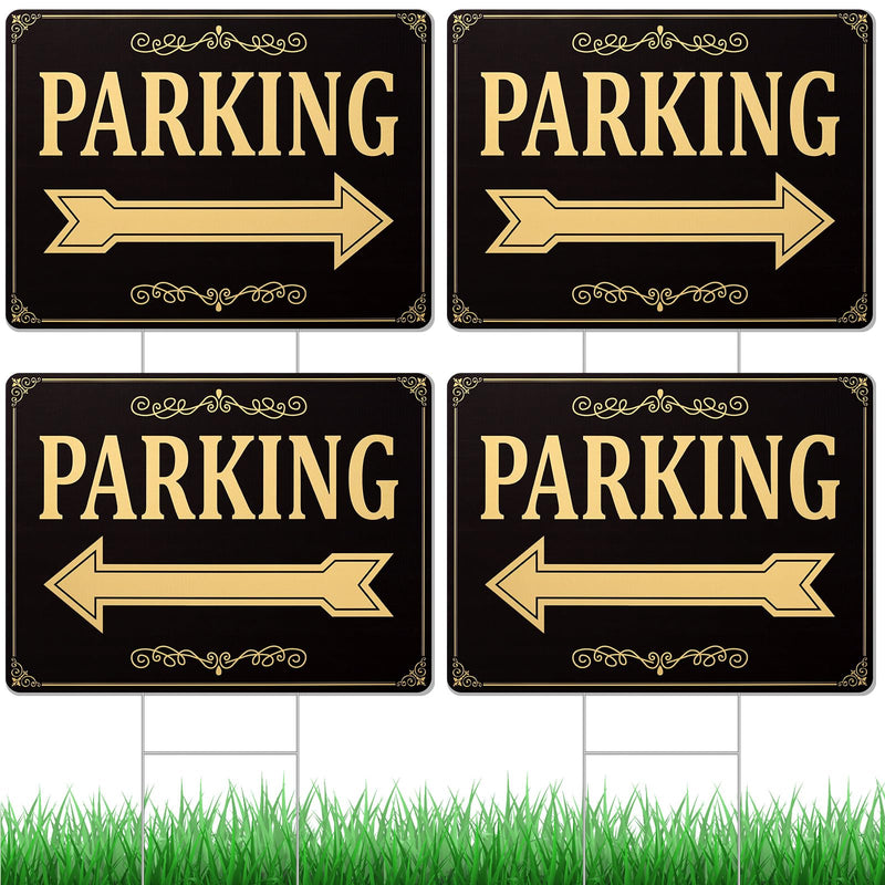 Menkxi 4 Pcs Parking Sign with Metal H Stake 12 x 16 Inch Double Sided Event Parking Sign Corrugated Plastic Waterproof Durable Guest Directional Arrow Signs for Outdoor Yard Wedding, Black and Gold