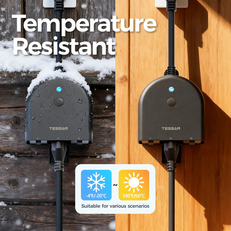 TESSAN Outdoor Smart Plug Waterproof, 2.4GHz WiFi Only, 15A/1875W Heavy Duty, 3 Individual Sockets Compatible with Alexa Google Home, Remote Control Timer Frosted Black