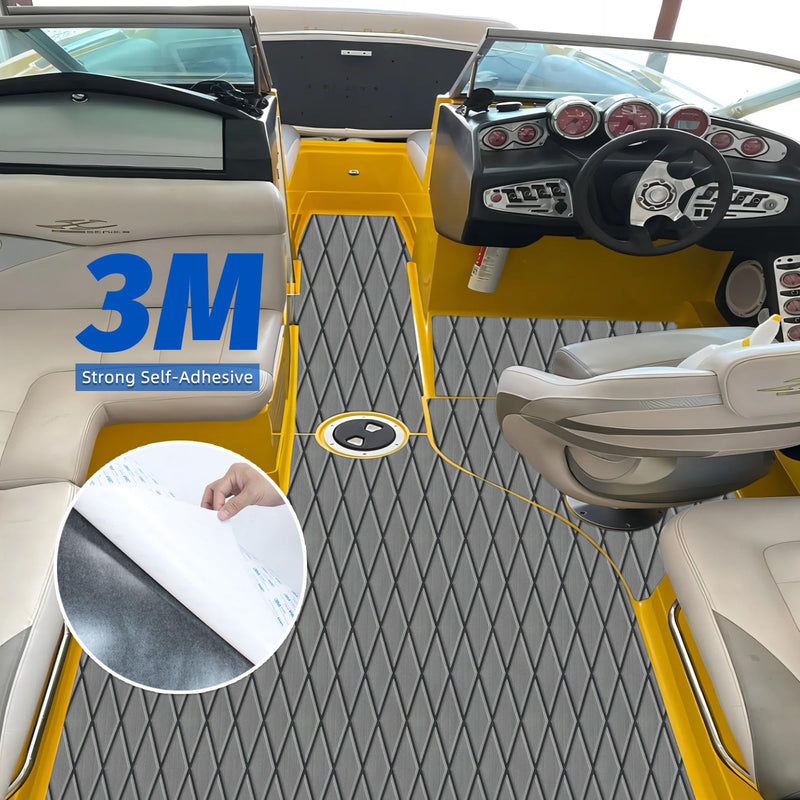 HXBYX EVA Foam Boat Flooring with 3M Adhesive Backing 6mm Thick Diamond Sea Deck Boat Carpet Marine Non-Slip Self-Adhesive Flooring Sheet for Kayak Yacht SwimPool RV 94"x43.9"/28.3"/15.3" Dark Grey With Black Seam Lines 94"x15.3"-10.12sqft