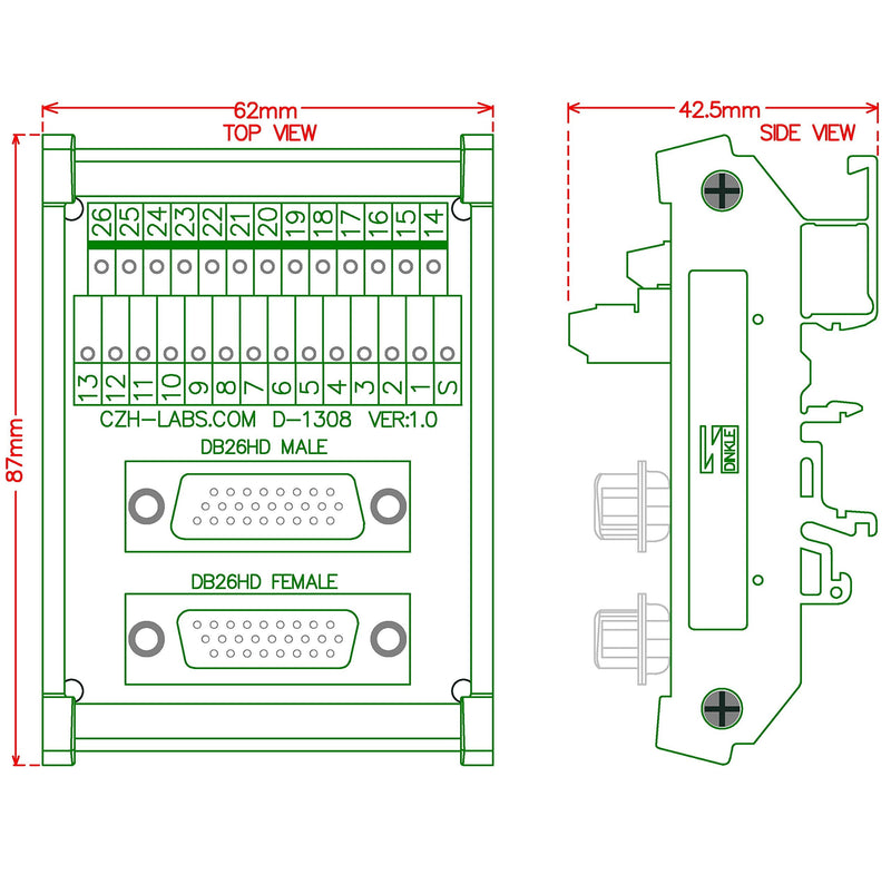[Australia - AusPower] - DIN Rail Mount DSUB DB26HD Male/Female Header Interface Module, D-SUB Breakout Board. 