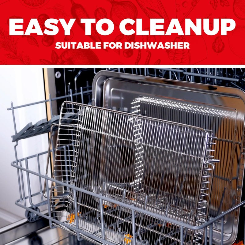 Air Fryer Basket for Oven with Upgraded Striped Mesh, 13.9" x 8.8" Thick Food-Grade Stainless Steel Rack & Tray Set with 50 Parchment Sheets for Baking, Grilling & Roasting basket/13.9in" * 8.8in" & tray/12.9in" * 9.7in")