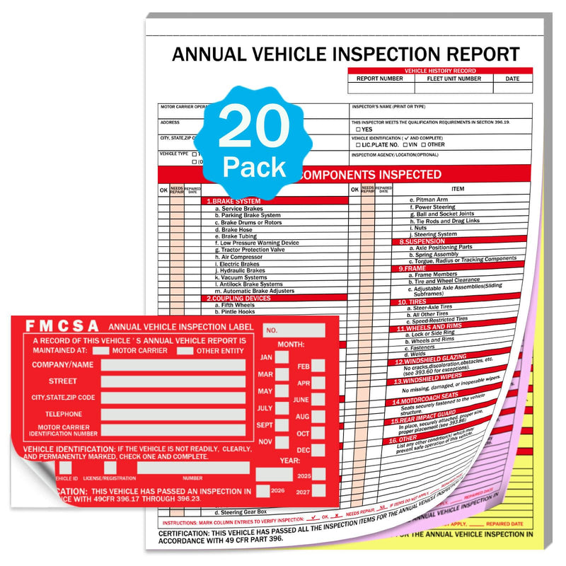 20-Pack Annual Vehicle Inspection Report Forms with Red FMCSA Aluminum Labels, 3-Ply Carbonless with Tearing Line, Durable & Easy to Use for Driver Vehicle Inspections, DOT Compliant