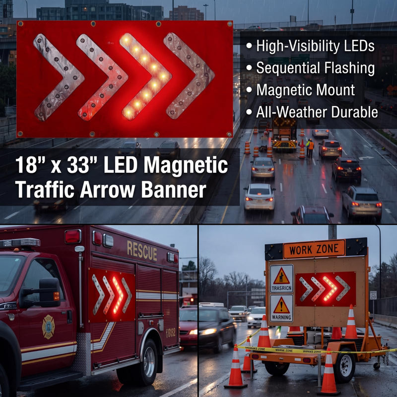 Hahafelt 1 Pcs LED Magnetic Traffic Arrow Sign 18 x 33 Inch Arrow Banner Directional Traffic Guide Light Flashing Warning Sign for Construction, Fire or Rescue, Highway Safety and Law Enforcement