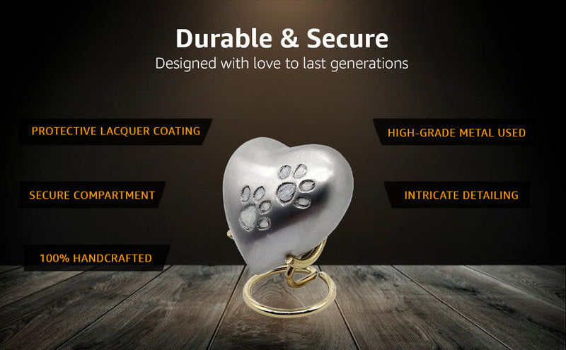 5MOONSUN5's Handcrafted Heart Urn Keepsake Cremation for Human Pet Ashes Engraved Heart Shaped for Adults & Infants Honor Your Loved One, Silver, Comes with Brass Stand & Premium Box
