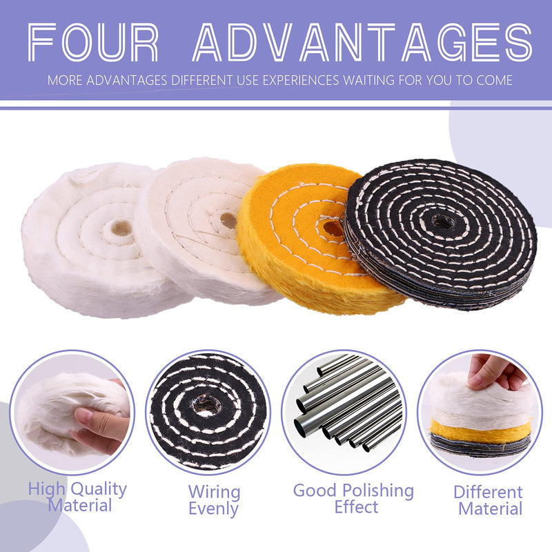 [Australia - AusPower] - Swpeet 7Pcs 4" Buffing Polishing Wheels Polish Pad 8Pcs Kit with 3Pcs Polishing Compounds and 1/4" Drill Shank, White Cotton(50Ply)/ Yellow Cotton(36Ply)/Flannel(30Ply)/Denim Wheels for Bench Grinder NO.9 Buffing Polishing Wheels 