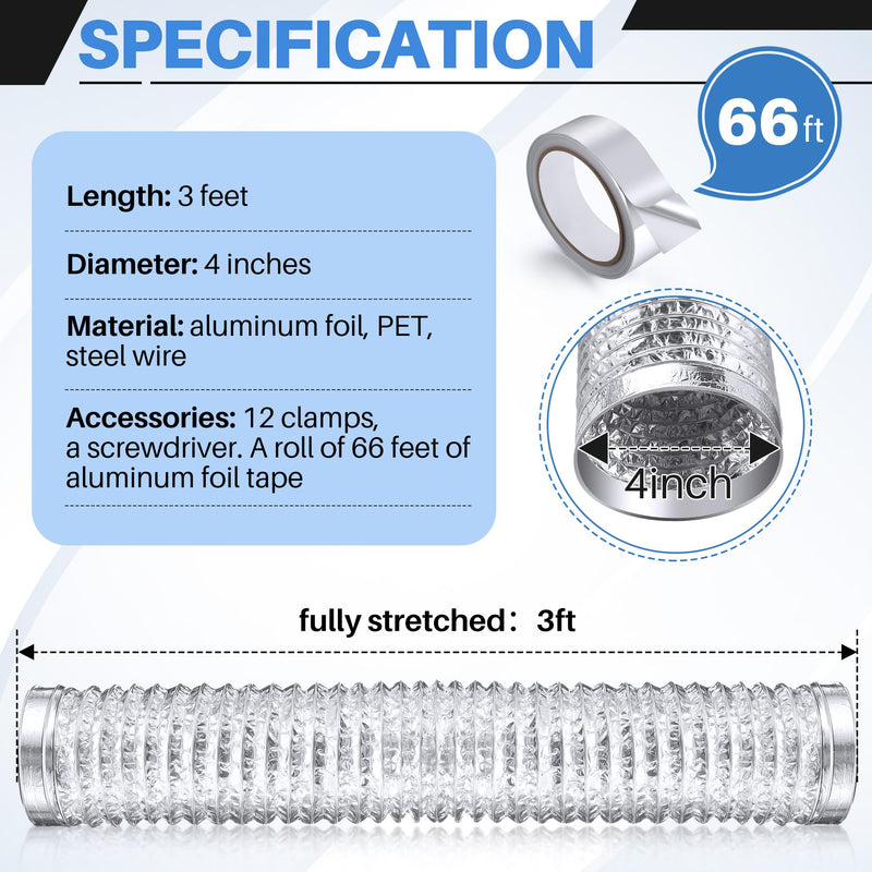 Dreyoo 6 Pack Flexible Dryer Vent Hose, 4 Inch 3 Ft Heavy Duty Aluminum Dryer Exhaust Hose, Thick(6-ply) Foil Insulated Ducting Kit with Clamps, Aluminum Foil Tape, Screwdriver, Indoor Outdoor