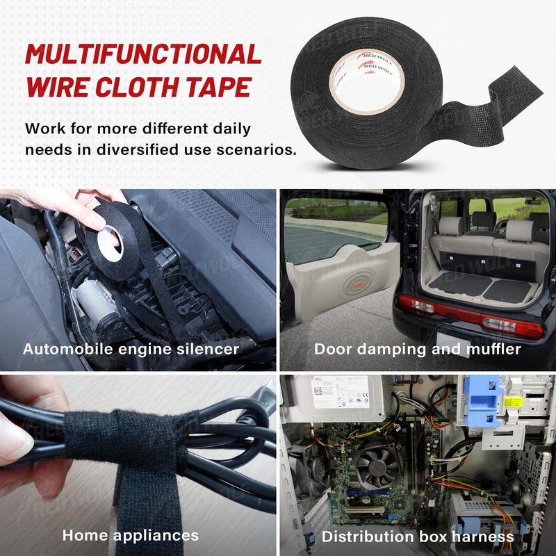 RED WOLF Wire Electrical Tape, 1 Inch x 50 Feet 3-Roll, Felt Cloth Electric Tape Noise Dampening High Temp Wiring Loom Harness, Self-Adhesive Fabric Tape for Automotive Engines Wrap Protection
