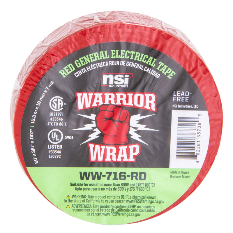 WarriorWrap General 3/4 in. x 60 ft. 7 mil Vinyl Electrical Tape, Red