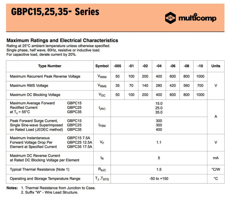[Australia - AusPower] - (Pair) GBPC3504 - Bridge Rectifier Diode, Single, 400V, 35A, Module, 1.1 V, 4 Pins, PowerDrive 2 Charger, Mac Charger 