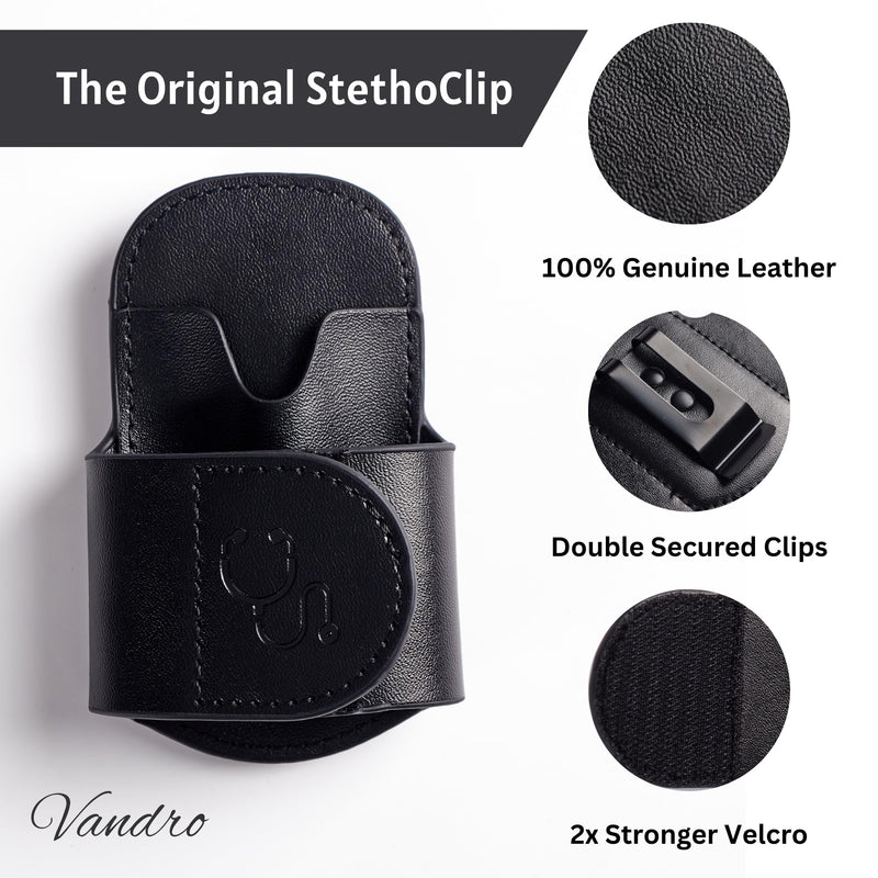 [Australia - AusPower] - Vandro StethoClip - Genuine Leather Stethoscope Holder for 3M Littmann & Most Stethoscopes - Quick Hip Access Holster - Stethoscope Holder Hip Clip for Physicians, EMTs, Nurses & Students 