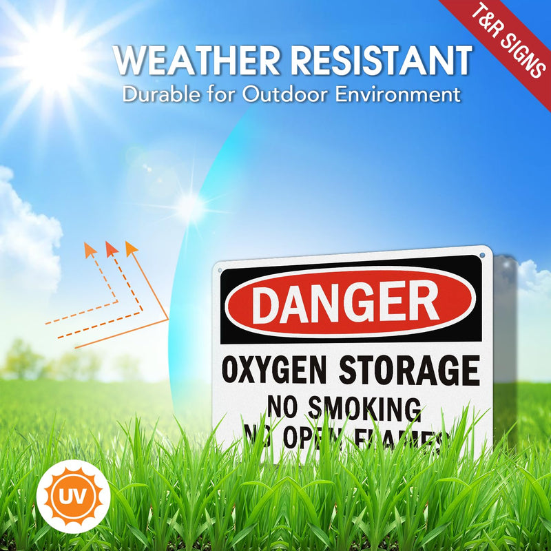 T&R Oxygen Storage No Smoking No Open Flames Sign - 2 Pack - 10 x 7 Inches Rust Free Aluminum Reflective - UV Protected, Waterproof, Weatherproof and Fade Resistant - 4 Pre-drilled Holes 10" x 7" - 2 pack - Oxygen Storage