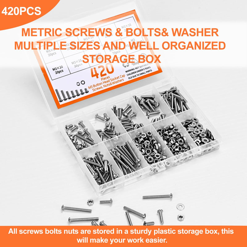 [Australia - AusPower] - 420pcs M3 Screw Kit, Premium M3 Button Head Socket Cap Screw Assortment with Nuts and Washers, M3 x 6mm /8mm /10mm /12mm /16mm /20mm /25mm (Silver) 