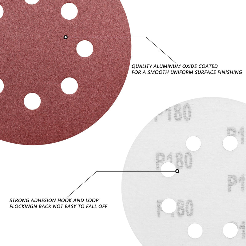 [Australia - AusPower] - ZEHIQ Sandpaper 125 mm Velcro 180 Grit, Pack of 50 8 Hole Round Sandpaper, 8 Hole Sanding Discs, Aluminium Oxide Sandpaper, Round Sanding Pads for Random Orbital Sanders 50 pieces, 180 grit 